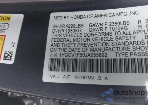 2018 Honda Accord Ex-L z USA, uszkodzony, nr VIN 1HGCV1F50JA055892